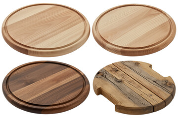 Set of Round Wooden Serving Boards Isolated on Transparent Background