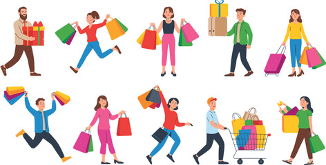 Happy shoppers, people shopping, carrying bags, gift buying, sale customers, retail consumers, shopping cart, excited buyers, flat cartoon illustration