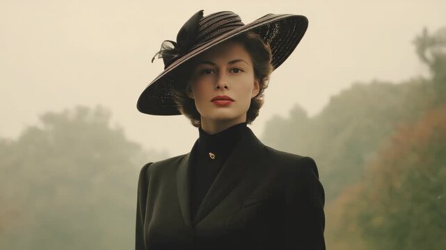 woman resembling Ingrid Bergman, wearing an elegant vintage hat and a classic tailored suit. standing tall and proud, a soft but determined expression