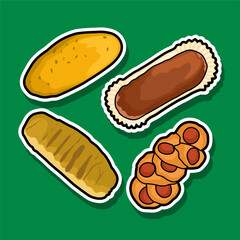 A variety of delicious baked goods stickers such as rolls, eclairs, breads and cookies.