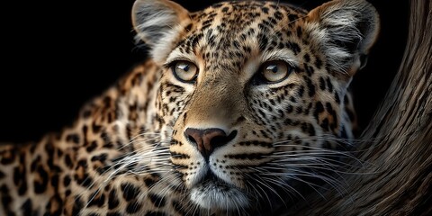 Obraz premium Majestic leopard portrait with intense golden eyes and spotted coat pattern against dark background for wildlife photography and nature designs.