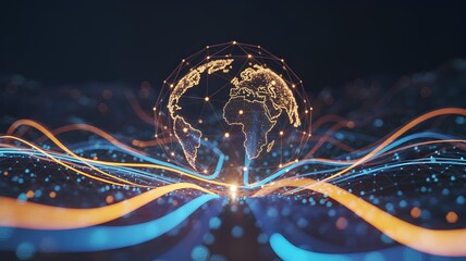 Abstract digital tech network data connections with orange and blue glowing dots, AI neural networks, machine learning, cloud computing concept, digital transformation strategy and business roadmap