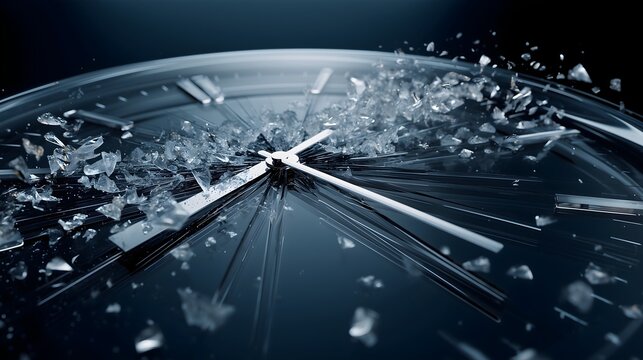 Shattered Glass Clock Exploding at Deadline Moment, Broken Time Concept for Stress, Crisis, Failure and Urgency in Business and Life