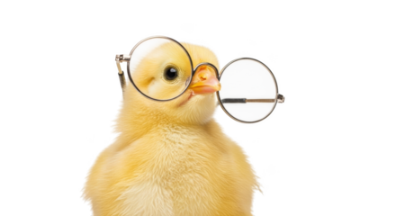 Adorable yellow chick wearing round spectacles on black background Keywords: chick, chicken, baby