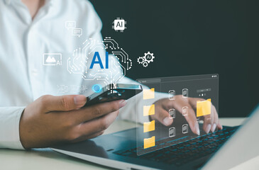 AI technology and digital data management concept with hands using smartphone and laptop, featuring virtual folders and AI icons representing automation, seamless information workflow.