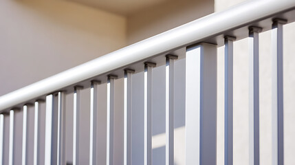 Obraz premium Close-up of a metal railing with vertical bars. The design is modern and minimalist, with a clean and smooth surface. Light and shadows play across the railing.