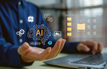 AI technology and digital data management concept with hands presenting virtual folders and AI icons, symbolizing automation, intelligent processing, advanced machine learning solutions.