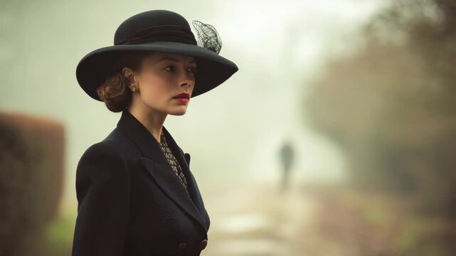 woman resembling Ingrid Bergman, wearing an elegant vintage hat and a classic tailored suit. standing tall and proud, a soft but determined expression
