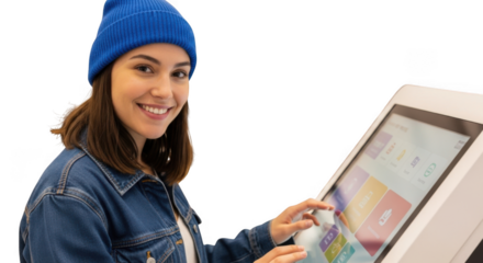 Young woman in blue beanie interacts with a digital touchscreen interface smiling transparent background black background