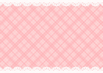 背景　レースの飾りと斜めのチェック柄　ピンク