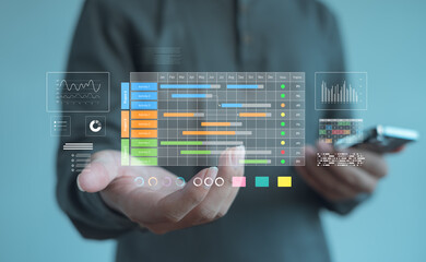 Business holding transparent digital project management dashboard with charts, progress tracking, symbolizing workflow planning, productivity, data-driven decisions, modern task organization.