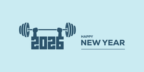 Modern “Happy New Year 2026” typography in bold blue on a light cyan background, clean minimalist holiday banner ideal for greetings, web headers, social media posts.