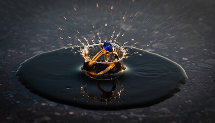 Fototapeta premium Gold Ring with Sapphire Gemstone Dropping into Water Splash