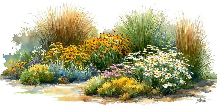 Watercolor garden bed with ornamental grasses, wildflowers and native plants in natural landscape design for landscaping projects and botanical art.