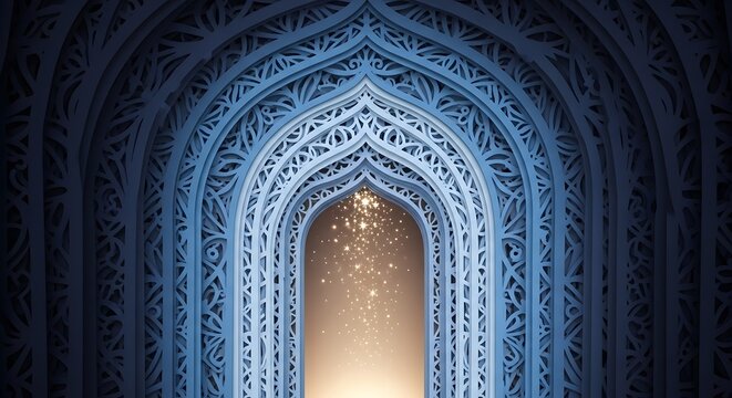 Intricate gothic archway illuminated with a soft glow showcasing detailed stonework and a sense of historical grandeur and spiritual reverence - Powered by Adobe