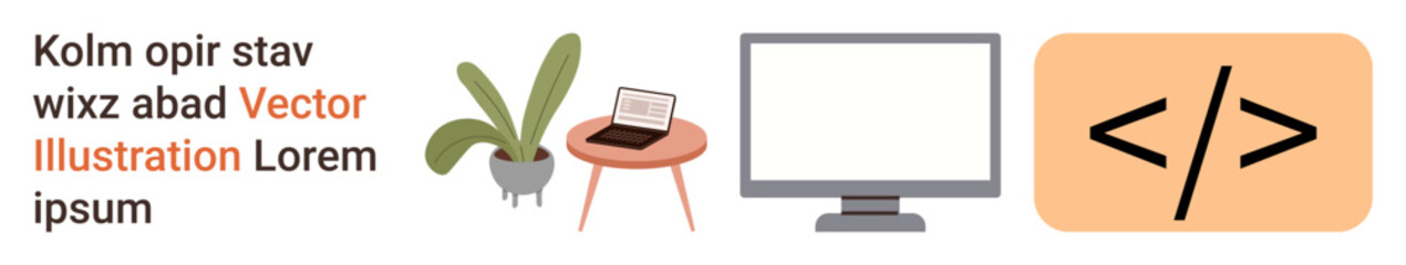 Productivity, workspace setup, coding, remote work, graphic design, technology usage. Desk with a laptop, plant monitor and text. Productivity and workspace setup concept