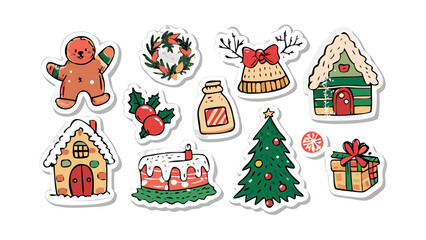 Obraz premium Christmas big set of elements with cookies, houses, presents, sweater, fur tree, wreaths. Stickers set. Hand drawn style .vector icon 