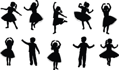 Collection of Cute Children Silhouettes Dancing and Playing, Boys and Girls in Dynamic Poses, Flat Vector Illustration Set for Kids, Education, and Fun Design