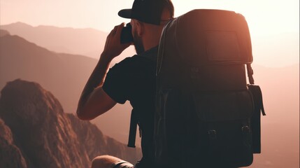 Adventurous traveler with a backpack and a camera capturing scenic landscape at sunset