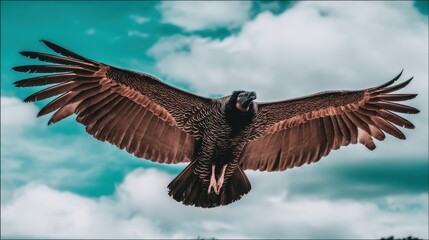 Flying bird of prey in the sky, soaring in the clouds