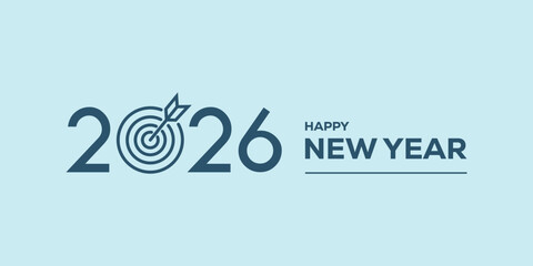 Modern “Happy New Year 2026” typography in bold blue on a light cyan background, clean minimalist holiday banner ideal for greetings, web headers, social media posts. © bibin