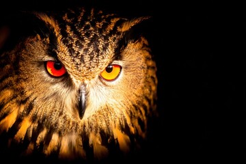 Intense close-up portrait of a great horned owl with striking yellow and red eyes in the dark