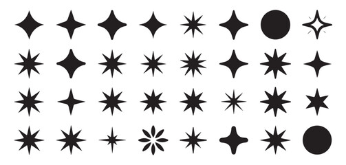 Vector star and geometric shape icons set. Black sparkles, diamonds, circles, and twinkling silhouettes. © Moni