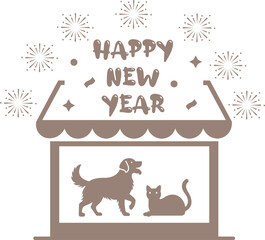 Happy new year greeting card design with dog and cat inside a house silhouette, festive fireworks illustration, minimalist pet celebration concept