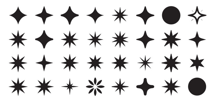 Vector star and geometric shape icons set. Black sparkles, diamonds, circles, and twinkling silhouettes.