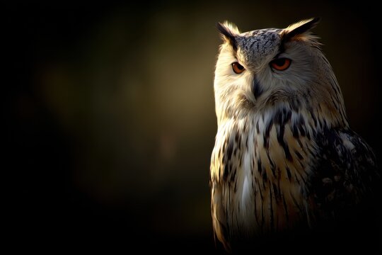 Majestic owl perched, captivating in the darkness