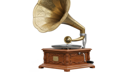Vintage gramophone with large brass horn ready to play timeless melodies transparent background black background