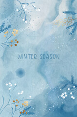 Naklejka premium Abstract Watercolor Winter background. Light blue watercolor sketch. Concept of the winter season. Watercolor ink drawing with elements of winter plants