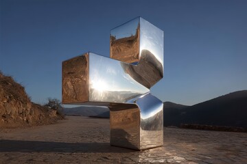 A modern reflective metal sculpture outdoors in daylight