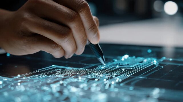 Engineer testing electronic devices enhanced with nanotech components for improved performance and durability in a futuristic workspace