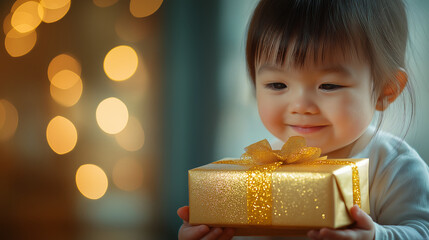 Young child joyfully holding a shimmering gold gift box, celebrating a special occasion with a heartwarming smile, surrounded by festive bokeh lights