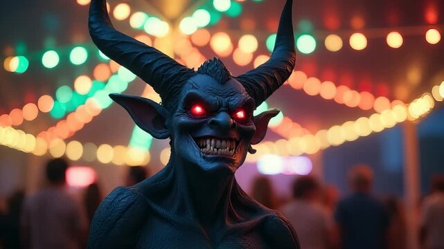 Video A person dressed up as a demon character with bright red eyes, suitable for Halloween or fantasy-themed projects