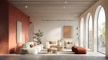 Warm cream living room with curved ceiling panels, terracotta palette, flexible modular sofa, natural finishes, smart lighting, calm minimal spirit