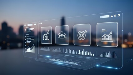 Business analytics dashboard with data visualization charts and graphs on laptop screen for financial performance monitoring and strategic planning.