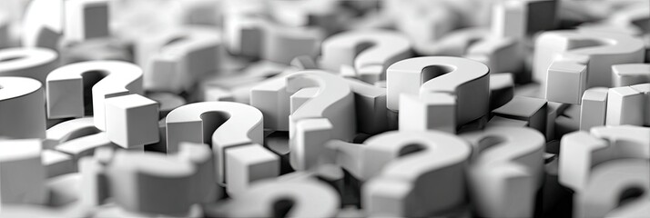Many white question marks scattered, shallow depth of field, monochrome