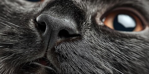 Close-up macro shot of gray cat nose and whiskers with amber eye visible, showing detailed fur texture and feline facial features for pet photography concepts.