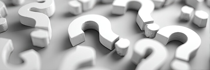 Many white question marks scattered across a flat, light-colored surface
