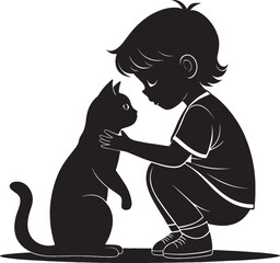 Cute Kid Cuddling Kitten Simple Outline Vector
