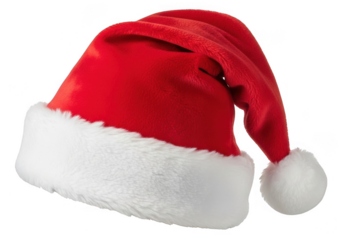 Classic red and white plush santa claus hat with white fur trim and pom pom isolated on transparent background