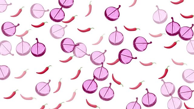 Repeating pattern of onions and red chili peppers, ideal for food packaging, kitchen decor, recipe book covers, and restaurant branding.