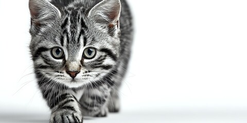 Adorable tabby kitten with striking blue eyes walking forward on white background, isolated cute baby cat perfect for pet care designs and animal lover projects.