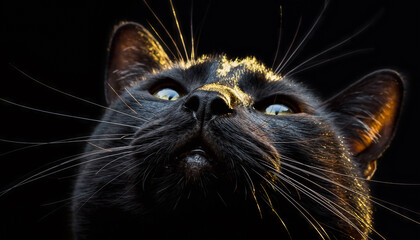 A close up portrait of a black cat with bright yellow eyes and soft black and white fur