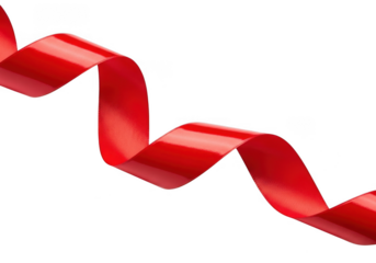 A vibrant, shiny red satin ribbon gracefully curling and winding in a serpentine pattern, isolated on transparent background for design element use