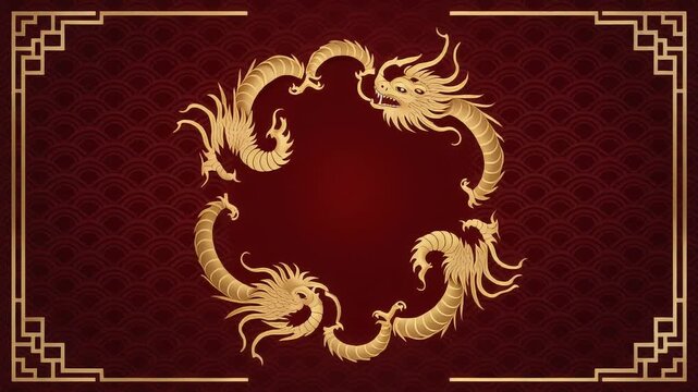 Majestic golden dragons intertwining in a vibrant circular emblem against a rich crimson backdrop, symbolizing power, prosperity, and ancient tradition in an elegant cultural design