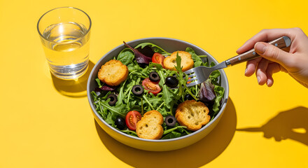 Healthy lunch of fresh green salad with croutons, olives, and tomatoes on a yellow background