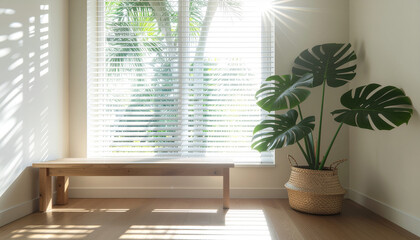 Modern Tropical Interior Corner with Sunlight Filtering Through Window Blinds